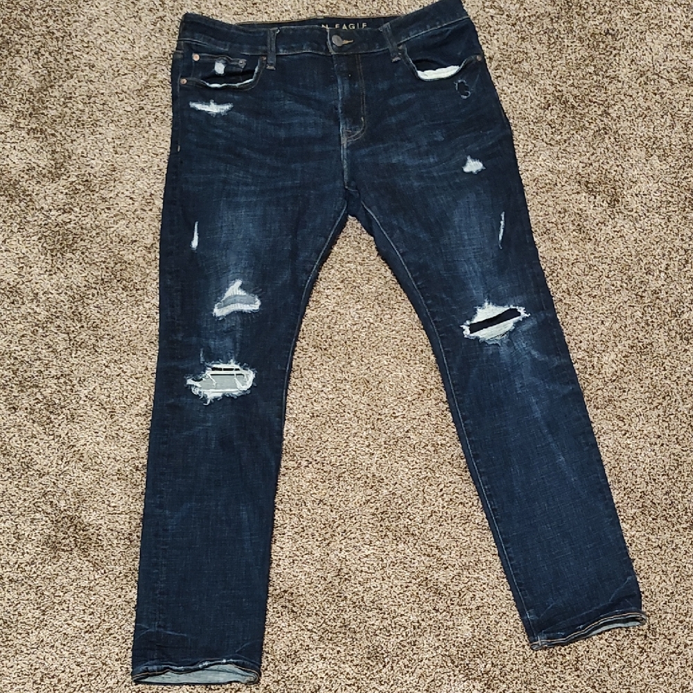 American Eagle Outfitters Slim Straight Distressed Dark Blue Jeans